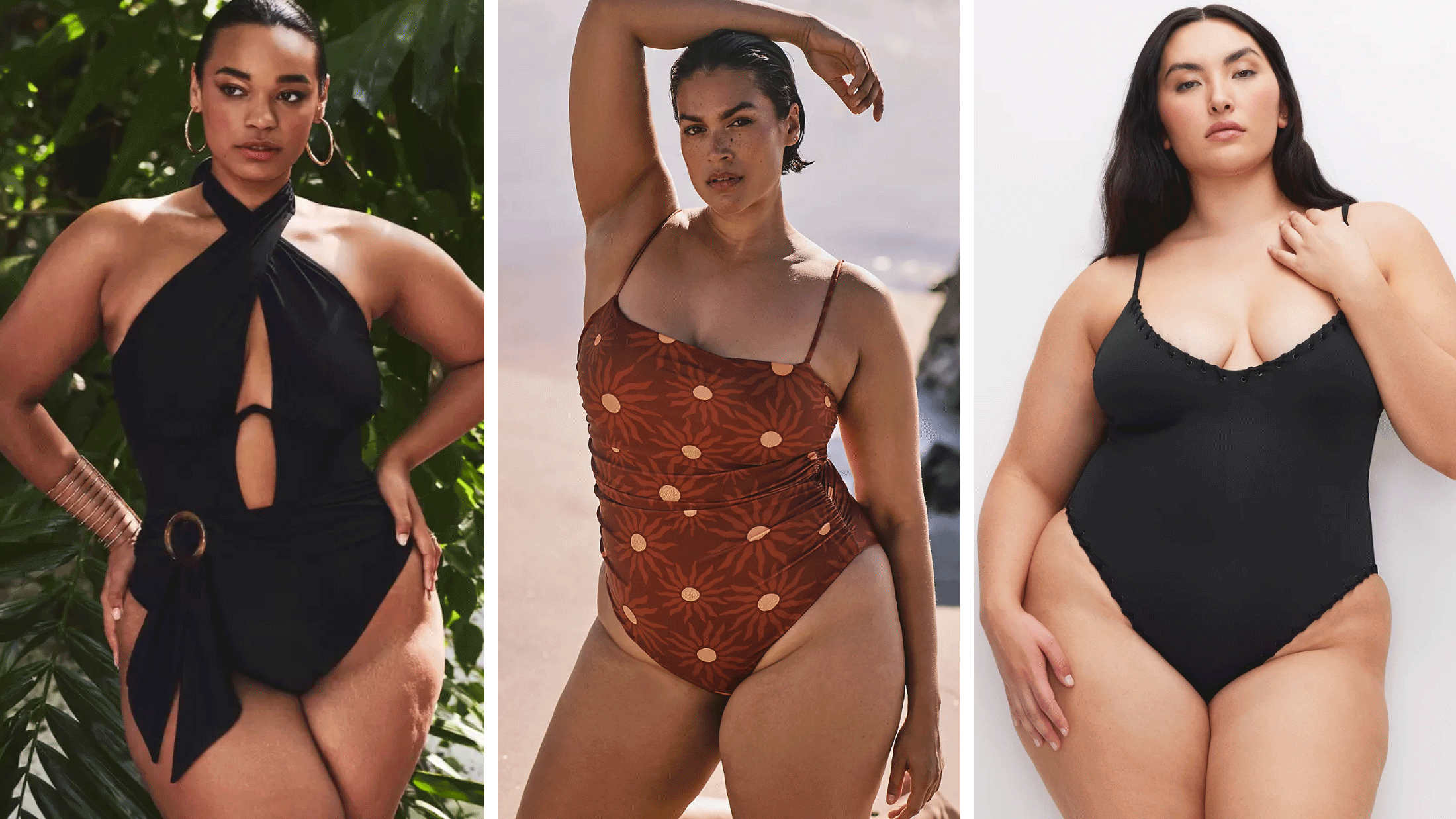 Three plus-size swimsuit styles side by side: one-piece, tankini, and high-waisted two-piece