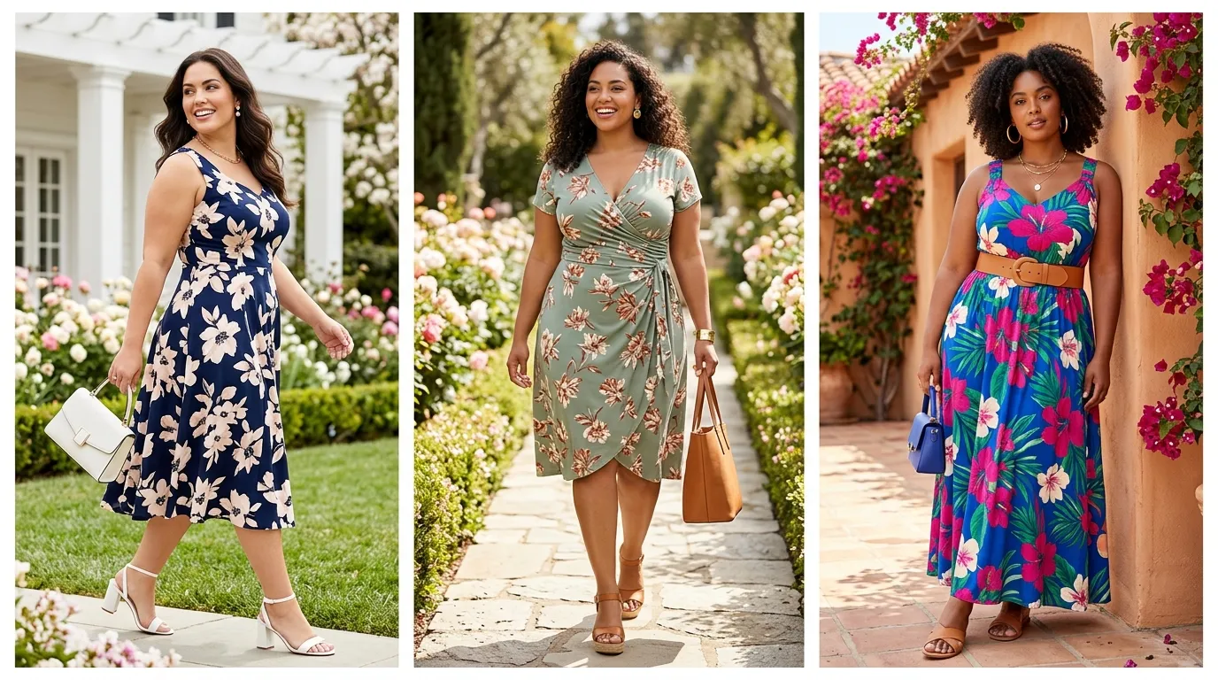 Diverse group of plus-size women in colorful spring outfits in a blooming garden