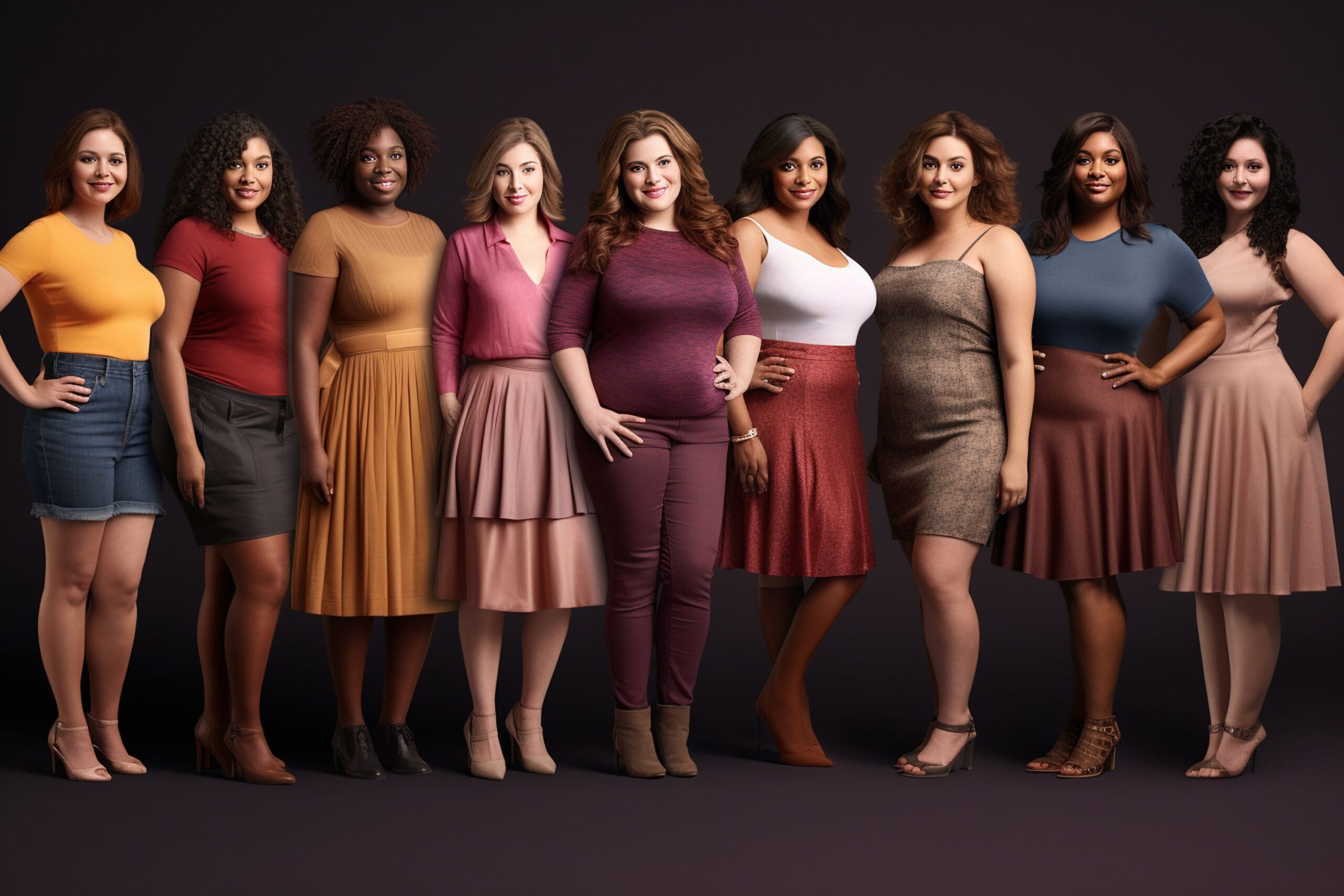 Diverse group of plus size women in various trendy outfit styles
