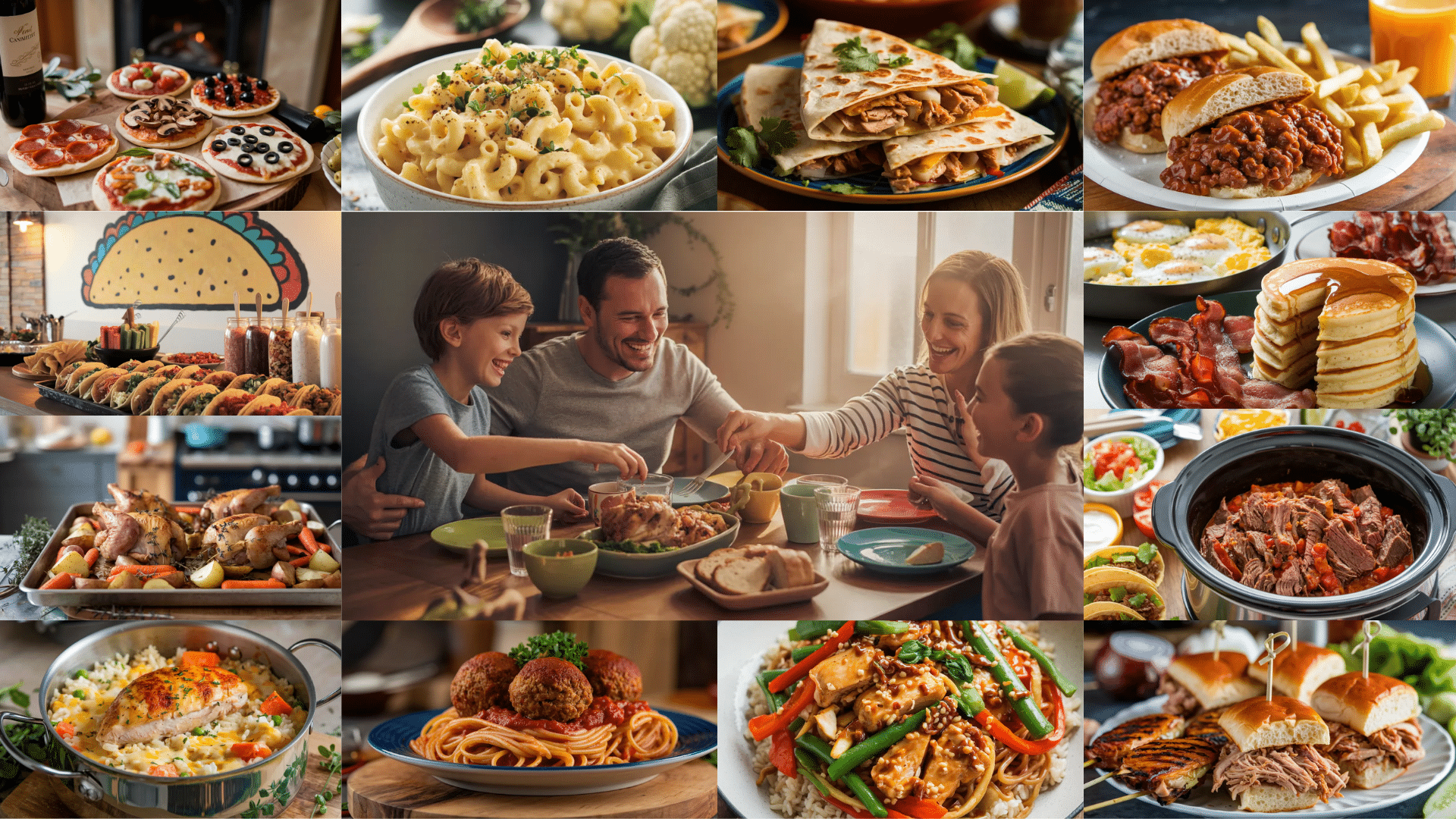 Family-style dinner table with multiple healthy dishes everyone can enjoy