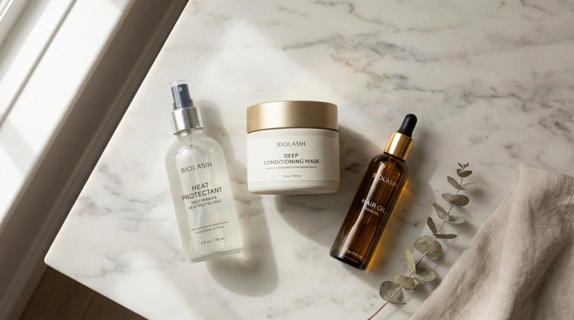 Flat lay of deep conditioning supplies for natural hair on marble surface