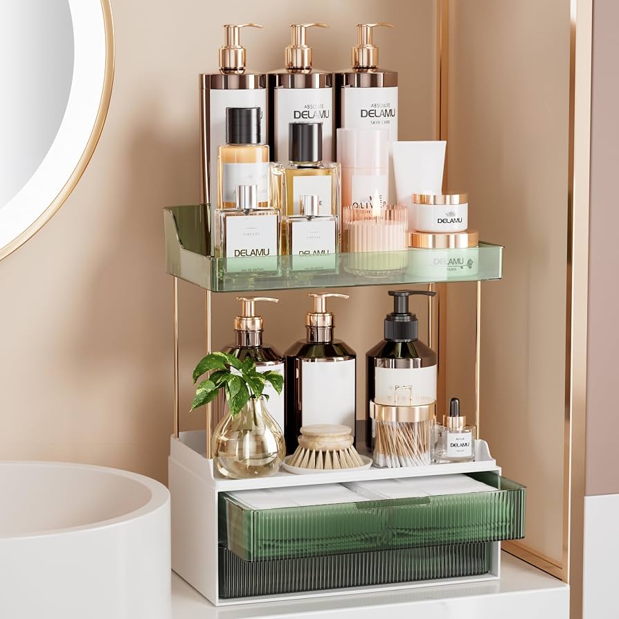 Organized bathroom shelf with affordable anti-aging skincare products