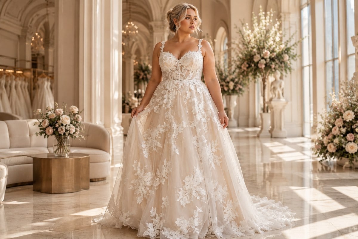 Plus-size bride looking radiant in an A-line wedding dress