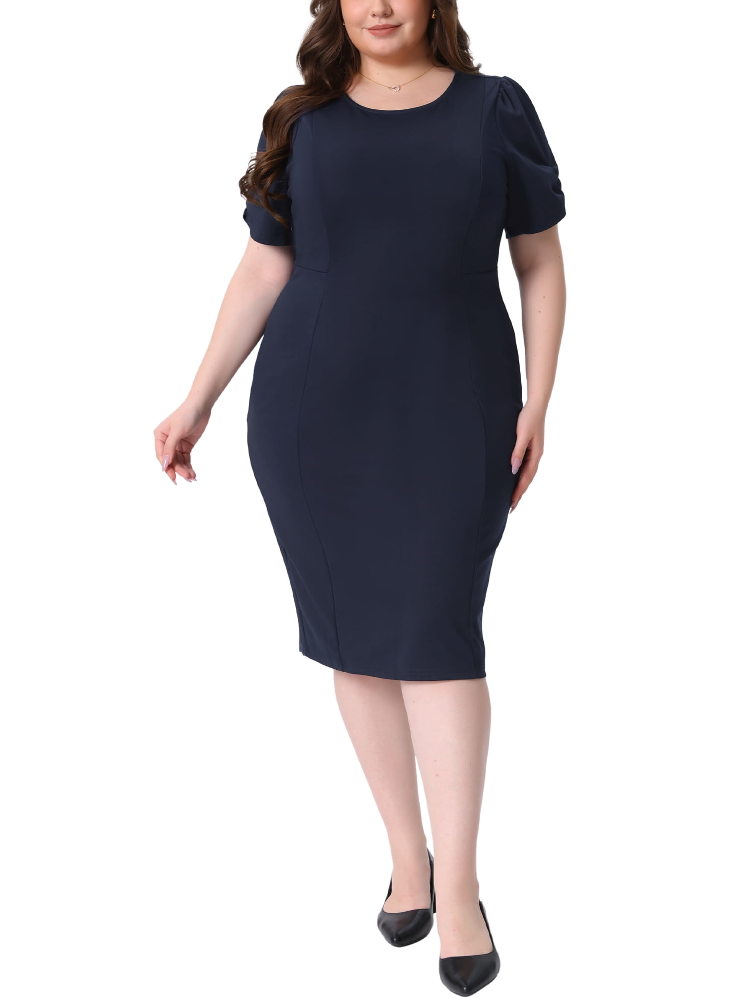 Plus-size professional woman in navy A-line dress in modern office