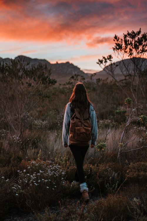 Plus-size woman at scenic travel overlook, looking out at beautiful landscape with backpack