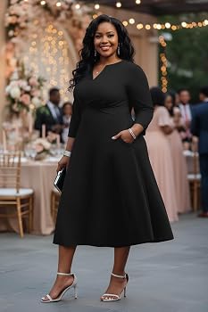 Plus-size woman in A-line dress presenting in conference room