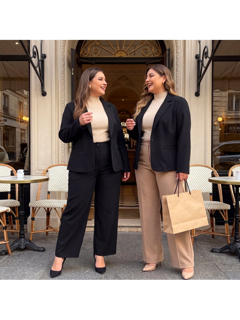 Plus size woman in bold matching suit in corporate office