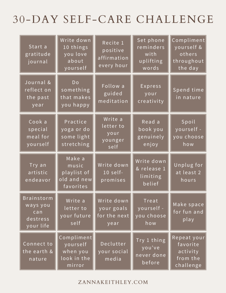 Self-care essentials for the mirror confidence challenge including journal and affirmations