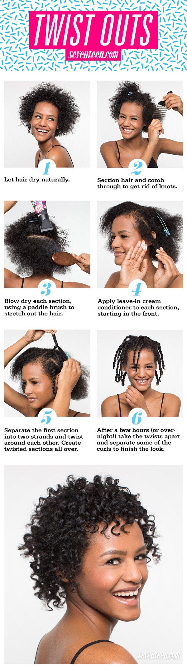 Step-by-step 4B hair twist-out process showing product to final results