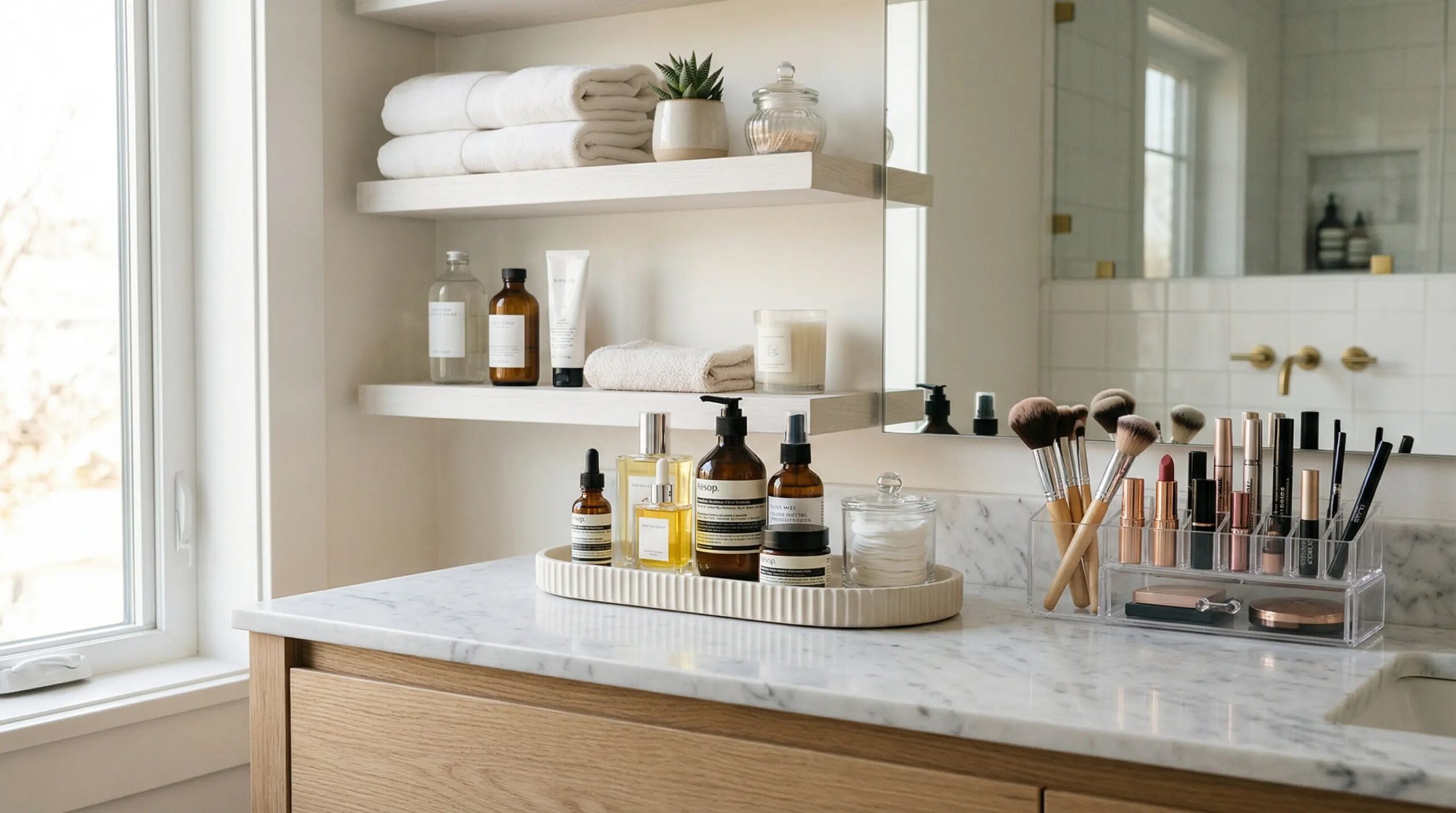 Three essential skincare products arranged minimally on a clean bathroom counter