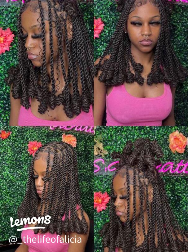 Three women showing different crochet hairstyle options including faux locs, curls, and bob