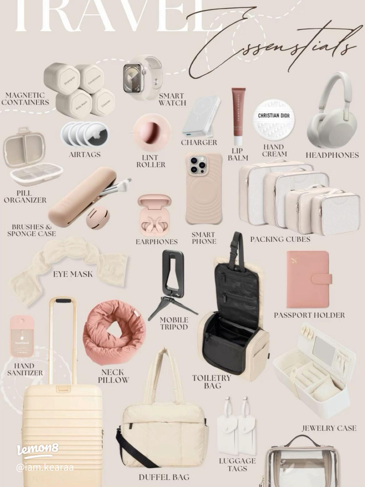 Travel flat lay with anti-chafe products and summer travel accessories