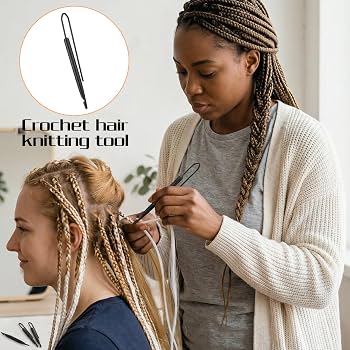 Woman installing crochet hair at home using a latch hook tool through cornrows