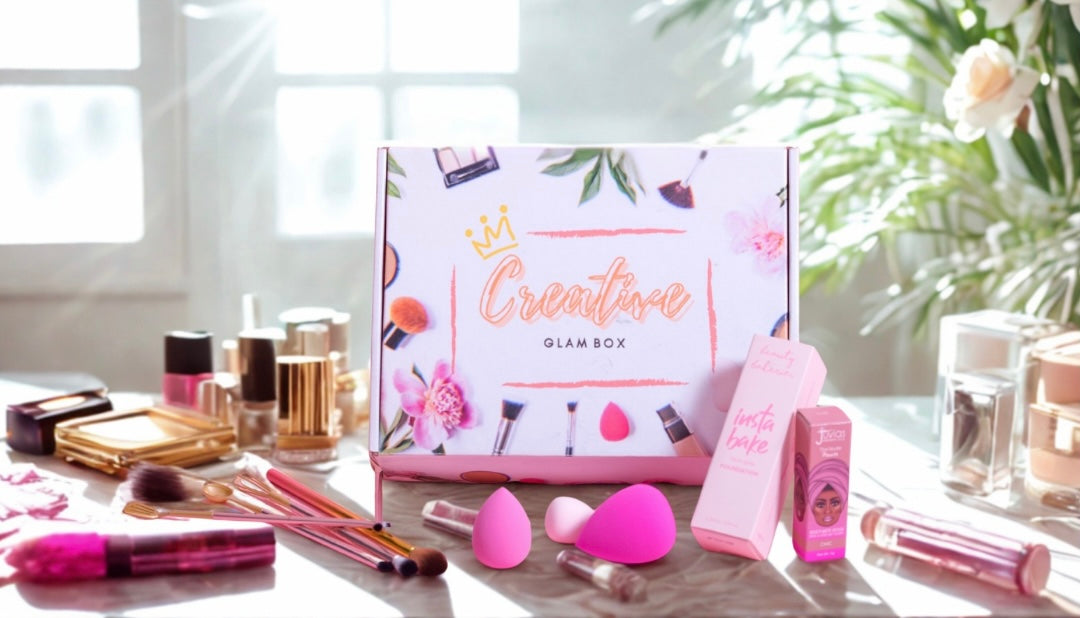Woman of color excitedly opening beauty subscription box at vanity
