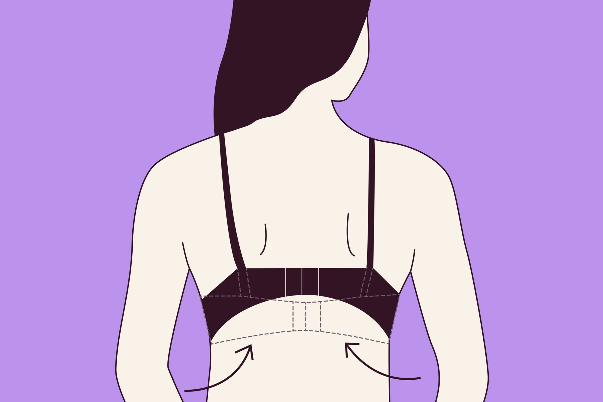 Back view showing a bra band riding up between the shoulder blades