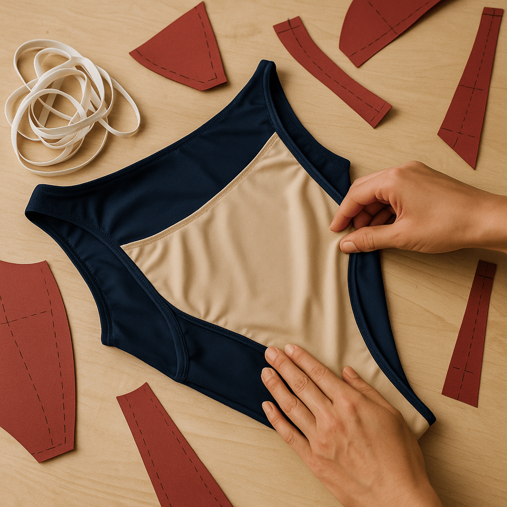 Close view of a swimsuit turned inside out showing an attached brief and lining