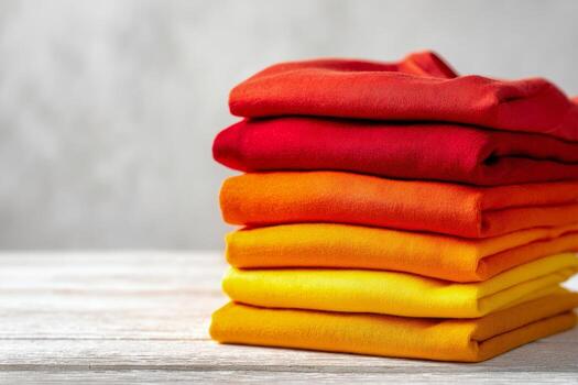 Folded stack of colorful cotton t-shirts on a wooden surface