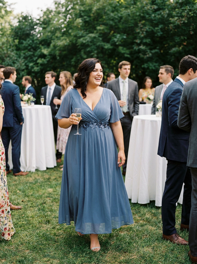 Plus size bridesmaids in matching dusty blue chiffon dresses standing together