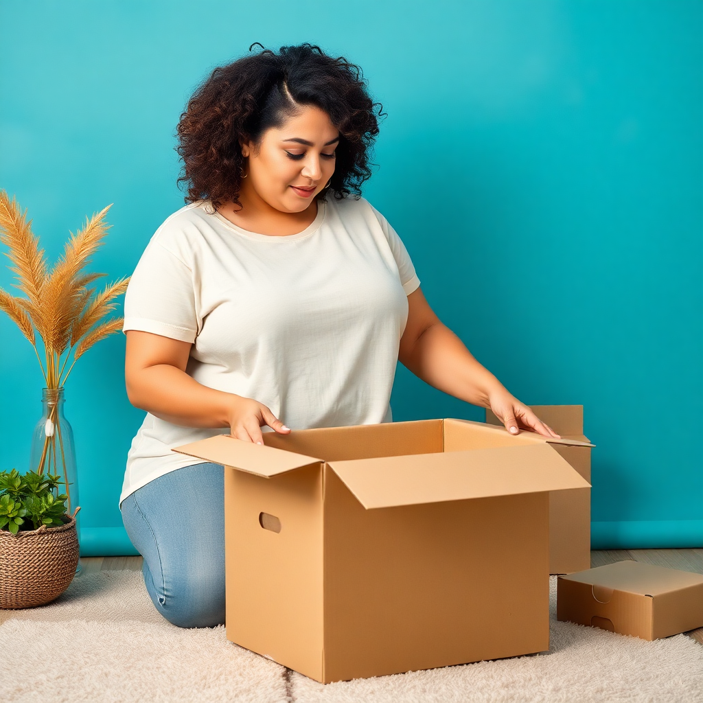 Plus size woman unpacking a parcel of clothing at home