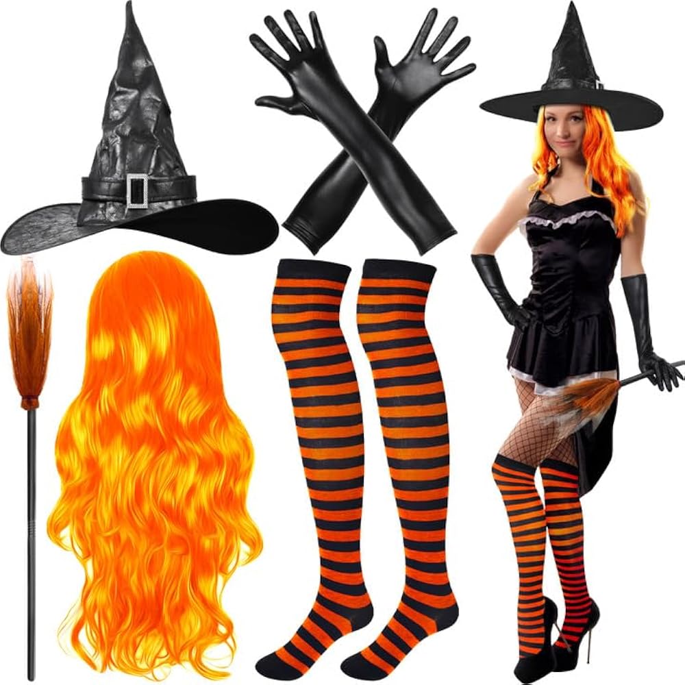 Rack of Halloween costume accessories including hats wigs and gloves