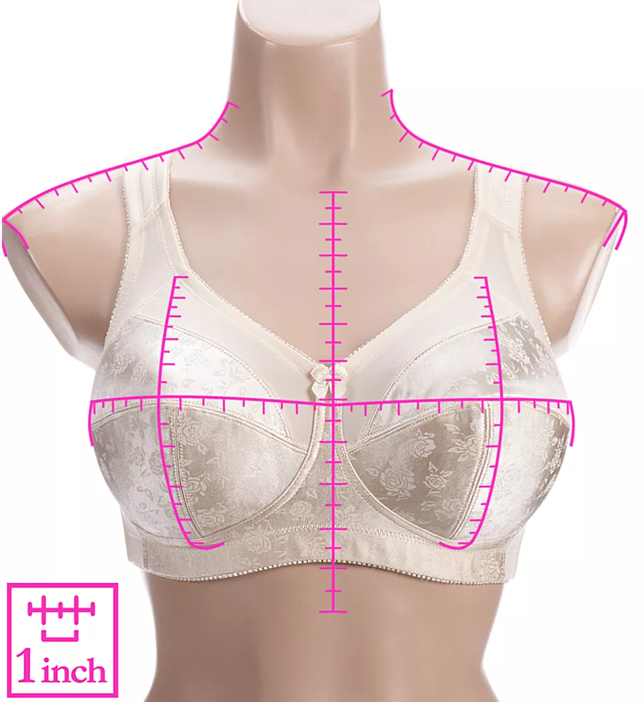 Seamed full cup bra with wide cushioned straps laid flat on a bed