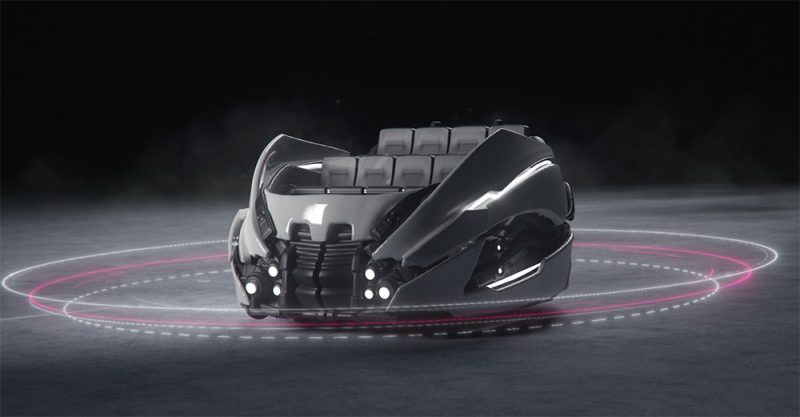 Trackless dark ride vehicle with a wide padded bench seat
