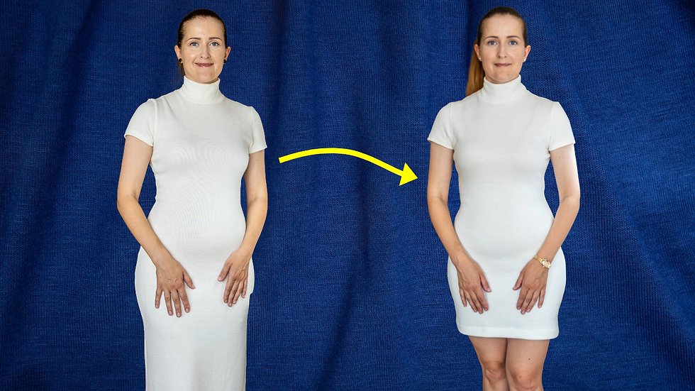 Woman in a fitted knit dress adjusting the hem at home
