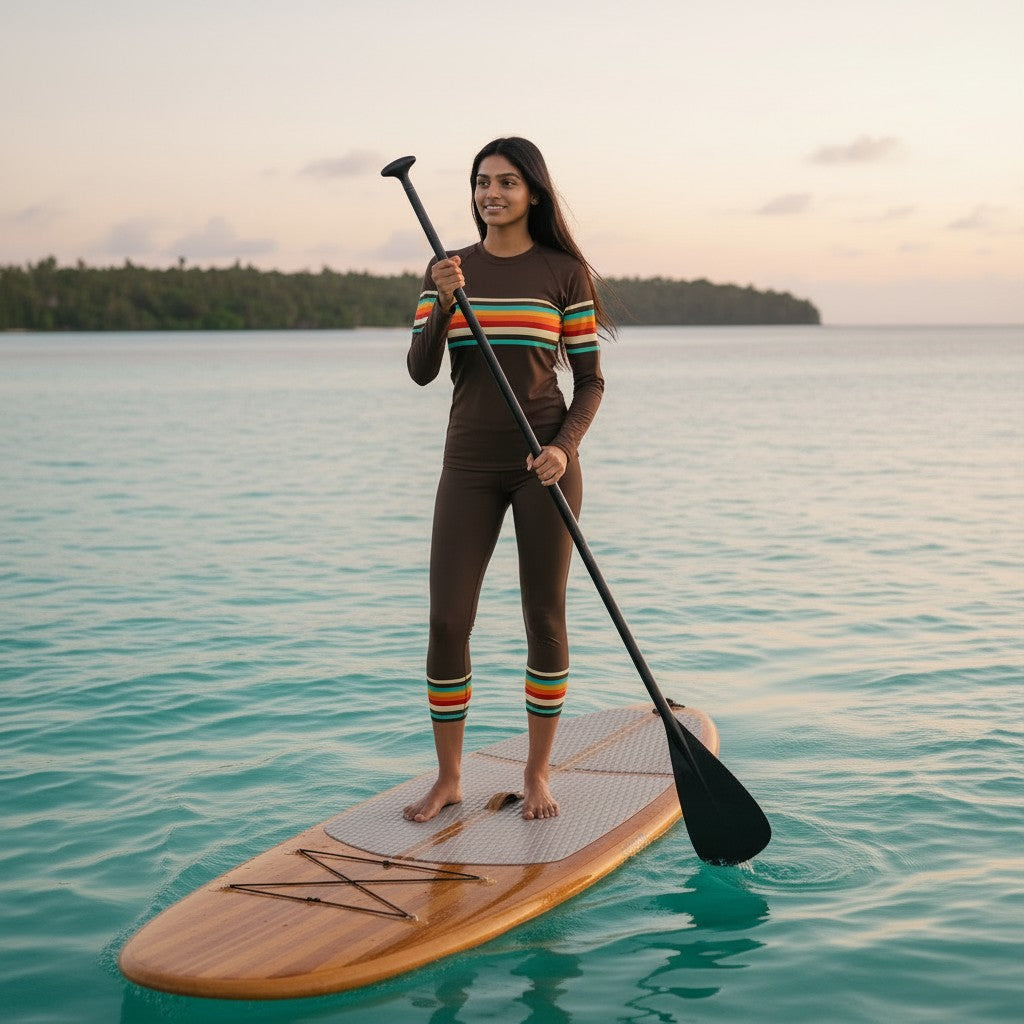 Woman paddleboarding in long sleeve sun protective swim top on calm water